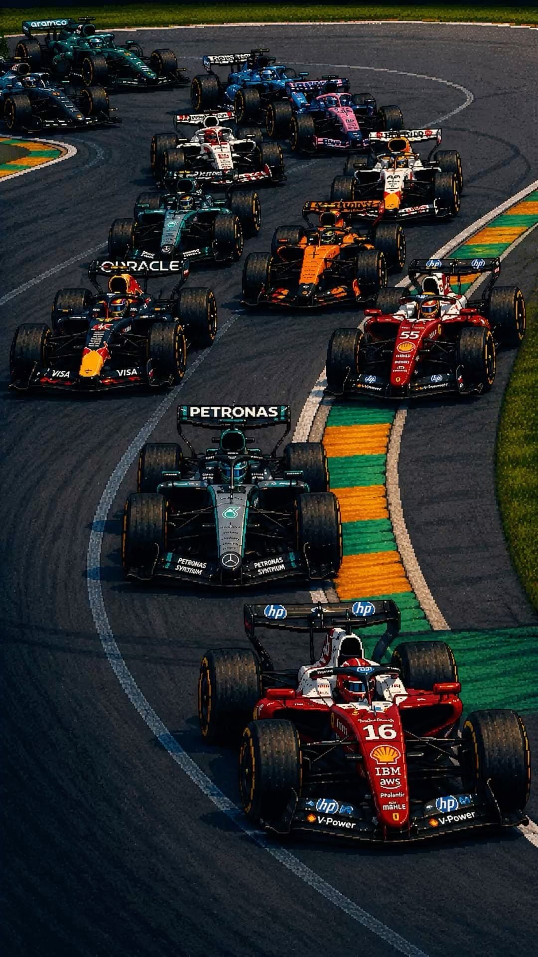 Formula 1 cars running nose to tail through a corner